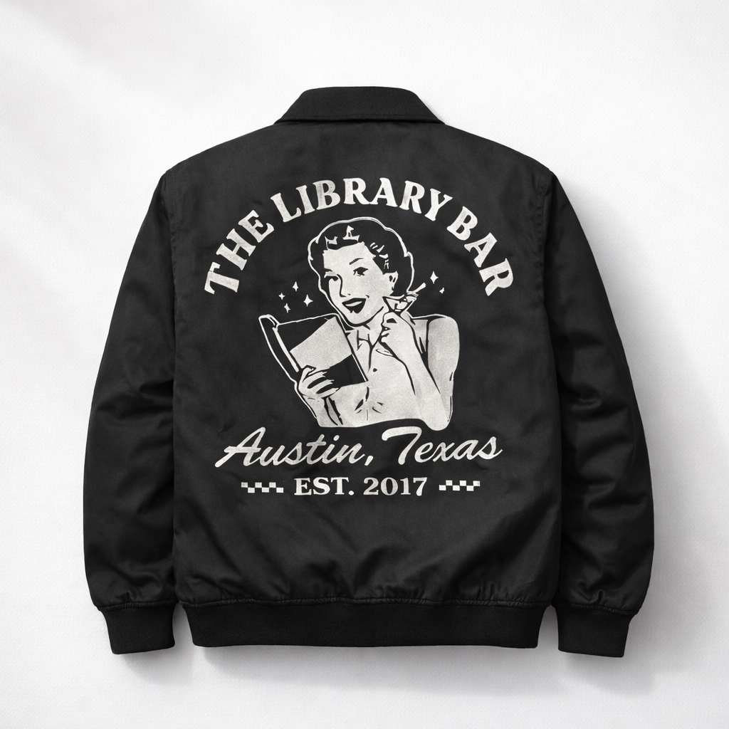 The Library Bar Austin custom DTF printed jacket
